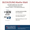 Lesung Marthe Wahl - Hochschule NB - Im Sein da bin ich Wir